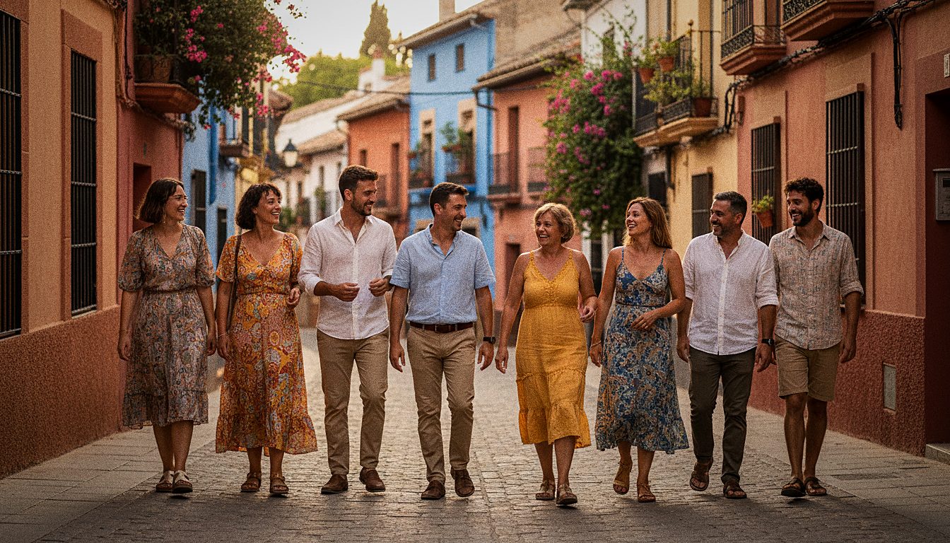 Calle animada de un barrio de Valencia con gente socializando